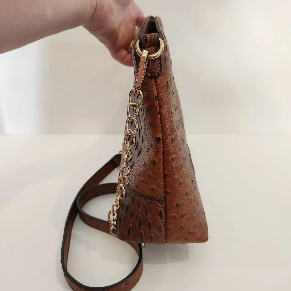 C EST 1946 Brown Bronze Faux Ostrich‎ Leather Crossbody|Clutch Bag|Purse Boho